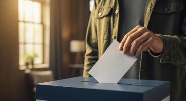 Person hand casting a ballot into a blue box, symbolizing election and democratic participation. photo