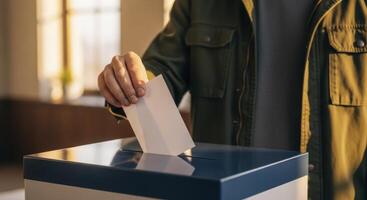 Close up of a hand casting a ballot into a ballot box, symbolizing democratic participation. photo