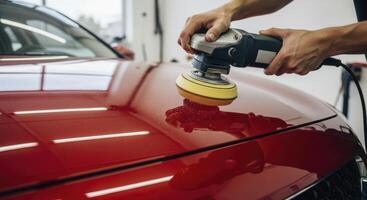 Professional car detailing Persons hands polishing a red car hood with an orbital polisher for shine. photo