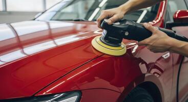 Professional car detailing, hands polishing the glossy red paint of a vehicle with an orbital machine. photo