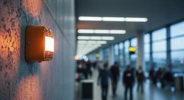 Orange Emergency Alarm with Illuminated Light in a Modern Public Building or Airport Terminal photo