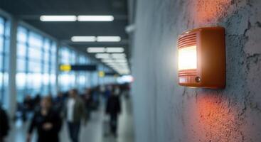 Bright orange emergency alarm with strobe light on a textured wall in a modern public building. photo