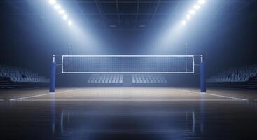 Empty indoor volleyball court with net and stadium lights, ready for a professional game photo