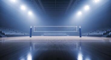 Empty indoor volleyball court with net, polished floor, and stadium seating under bright lights photo