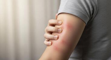 Person arm with red, inflamed skin from an allergic reaction or insect bite, showing discomfort. photo