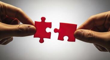 Two hands holding red puzzle pieces, symbolizing connection, teamwork, and problem solving. photo