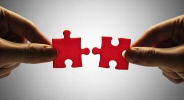 Two hands bringing together vibrant red puzzle pieces, symbolizing connection and problem solving. photo