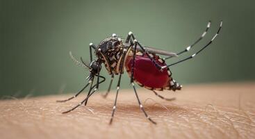 Macro view of a female mosquito with a blood filled abdomen biting human skin, a disease photo