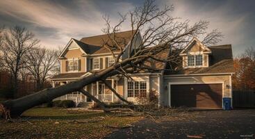 Fallen tree on suburban house after storm, showing significant property damage and debris photo