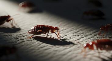 Hyper realistic macro photograph of multiple reddish brown bed bugs crawling on a textured surface photo