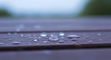 Glistening water droplets on dark weathered wood surface, a close up macro view. photo