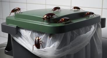 Cockroaches crawling on a trash can, symbolizing a pest infestation and unsanitary conditions. photo