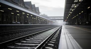 Empty train station platform with railway tracks stretching into the misty distance photo