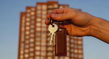 Hand holding apartment keys with a building in the background, representing real estate and home ownership. photo