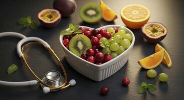 Heart shaped bowl with fresh fruits and stethoscope symbolizing healthy eating and heart care. photo