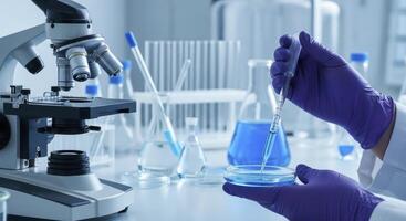 Scientist working in a modern laboratory with microscope, pipetting liquid into petri dish photo