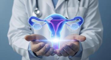 Doctor holding a glowing 3D model of the female reproductive system, symbolizing women health. photo