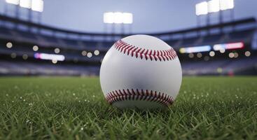 White baseball with red stitching on green grass of a stadium field under bright lights. photo
