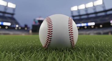 White baseball with red stitching resting on green grass in a professional stadium at dusk photo