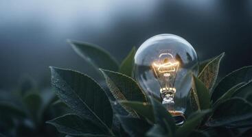 Glowing incandescent light bulb nestled in dark green leaves with dew drops, symbolizing eco innovation. photo