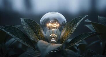 Glowing incandescent light bulb nestled among dewy green leaves, symbolizing sustainable energy and innovation. photo