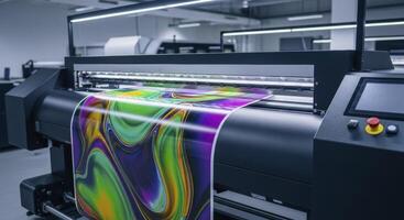Large format industrial printer actively producing vibrant abstract designs on wide material photo