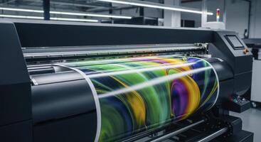 Large Format Industrial Printer in Operation Producing Vibrant Graphics on Roll Media in a Modern Factory photo