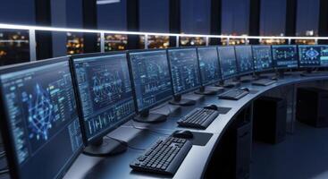 Modern control room with multiple computer monitors displaying data and city skyline at night photo