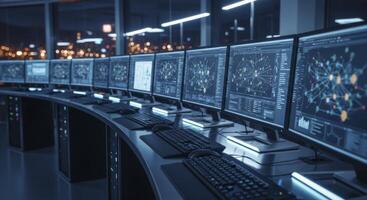 Modern Control Room with Curved Desk and Multiple Computer Monitors Displaying Data Visualizations photo