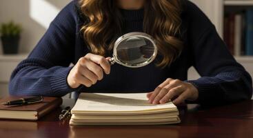 Professional Woman Using Magnifying Glass to Carefully Examine Important Documents on a Desk photo