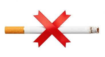 Cigarette with a red X ribbon symbolizing anti smoking and quitting tobacco for health photo