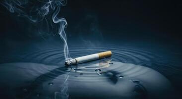 Lit Cigarette Floating on Dark Water Surface with Rising Smoke and Spreading Ripples photo