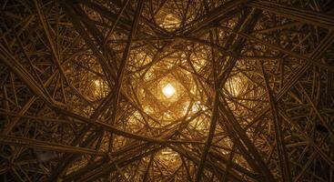 Intricate golden bamboo structure creating an abstract tunnel of light and interwoven patterns. photo