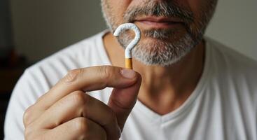 Man holding a cigarette shaped like a question mark, symbolizing health risks and the choice to quit smoking. photo