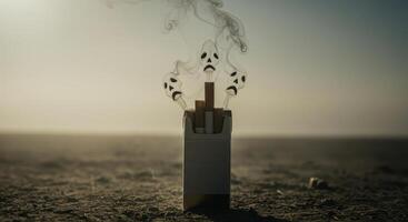 Cigarette pack with smoke forming sad skull faces symbolizing health risks and addiction. photo