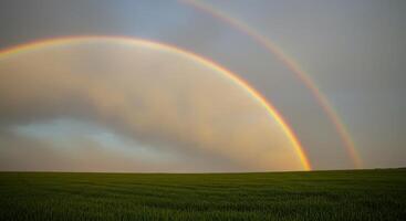 Vibrant Double Rainbow Arches Over a Lush Green Field Under a Cloudy Sky After a Rain Shower photo