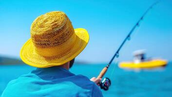 Person in yellow straw hat fishing on blue water under sunny sky with distant boat photo
