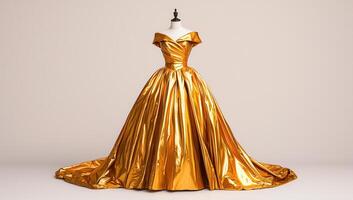 Luxurious Shimmering Gold Off Shoulder Ball Gown on Mannequin for Elegant Fashion Display photo