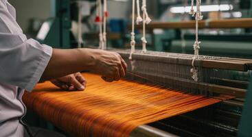 Skilled hands operate a traditional weaving loom, creating vibrant orange textile fabric in a workshop. photo