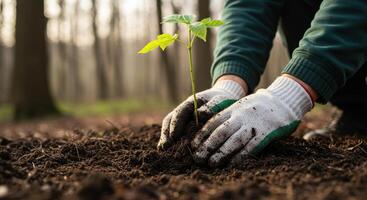 Gloved hands planting a small green seedling into dark soil in a natural forest environment photo