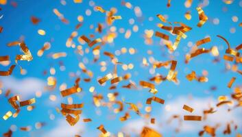 Golden confetti falling against a vibrant blue sky, symbolizing celebration and joy photo