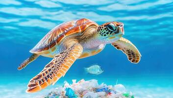 Sea turtle swims gracefully over a pile of plastic waste, symbolizing ocean pollution. photo