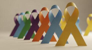 Colorful awareness ribbons standing in a row, symbolizing support for various causes and health initiatives. photo