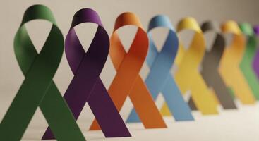 A row of colorful awareness ribbons symbolizing support for various causes and health campaigns photo