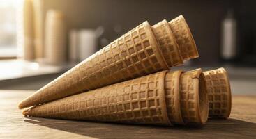 Crispy golden waffle cones stacked on a rustic wooden table in warm sunlight photo