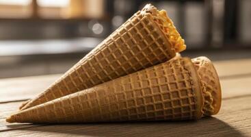 Crispy waffle ice cream cones stacked on a rustic wooden table with warm lighting photo
