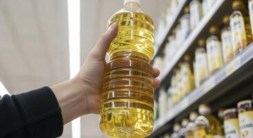 Man Hand Selecting a Bottle of Golden Cooking Oil in a Supermarket Aisle photo