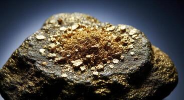 Close up of shimmering gold dust and small flakes scattered across a dark rock surface photo