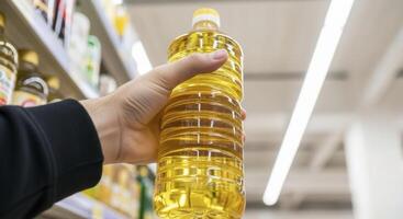 Man hand holding a bottle of golden cooking oil in a supermarket photo