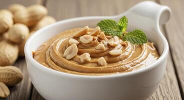 Creamy Peanut Butter in White Bowl with Whole Peanuts and Fresh Mint on Wooden Table photo